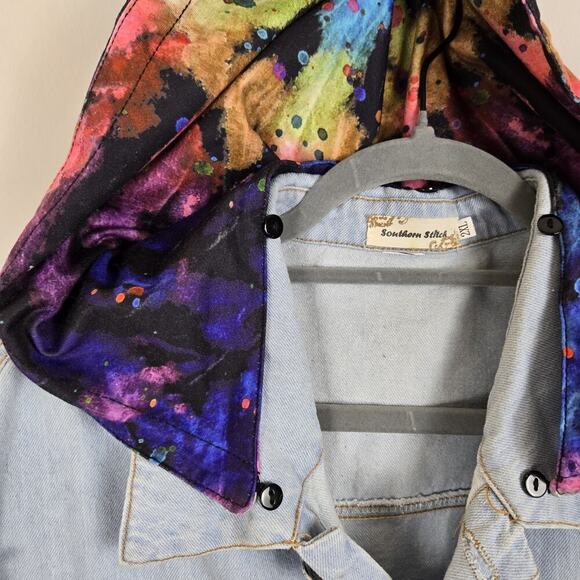 Upcycled Denim Cropped Jacket Thrashed Tie Dye Sleeves Detach Hood 50" Chest - Picture 4 of 13